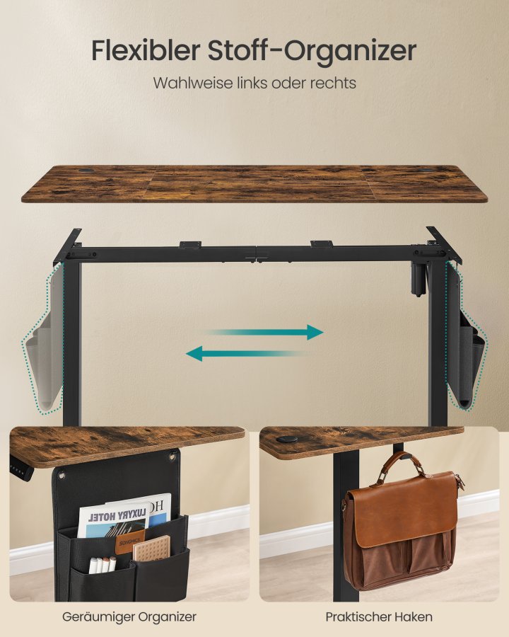 SONGMICS LSD136K01 H&ouml;henverstellbarer elektrischer Schreibtisch, 70 x 160 x 72120 cm, Memory-Funktion mit 4 H&ouml;hen, f&uuml;r Homeoffice und Arbeitszimmer, Vintage-Braun, Tintenschwarz