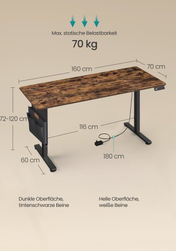 SONGMICS LSD136K01 H&ouml;henverstellbarer elektrischer Schreibtisch, 70 x 160 x 72120 cm, Memory-Funktion mit 4 H&ouml;hen, f&uuml;r Homeoffice und Arbeitszimmer, Vintage-Braun, Tintenschwarz
