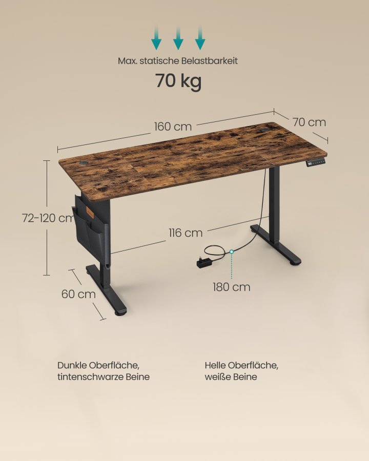 SONGMICS LSD136K01 H&ouml;henverstellbarer elektrischer Schreibtisch, 70 x 160 x 72120 cm, Memory-Funktion mit 4 H&ouml;hen, f&uuml;r Homeoffice und Arbeitszimmer, Vintage-Braun, Tintenschwarz