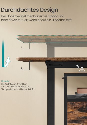 SONGMICS LSD136K01 H&ouml;henverstellbarer elektrischer Schreibtisch, 70 x 160 x 72120 cm, Memory-Funktion mit 4 H&ouml;hen, f&uuml;r Homeoffice und Arbeitszimmer, Vintage-Braun, Tintenschwarz