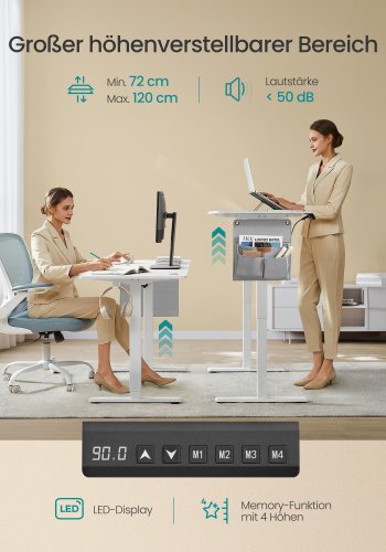 SONGMICS LSD138W01 H�jdejusterbart elektrisk skrivebord 180 x 80 cm Fuldt justerbart hukommelsesfunktion med 4 h�jder Cloud White