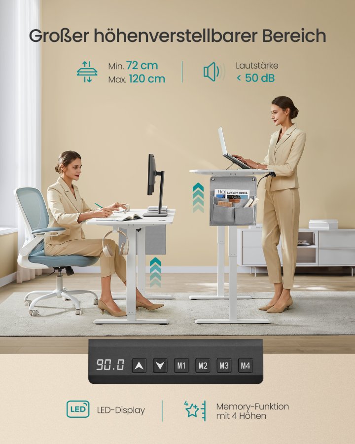 SONGMICS LSD138W01 H�jdejusterbart elektrisk skrivebord 180 x 80 cm Fuldt justerbart hukommelsesfunktion med 4 h�jder Cloud White