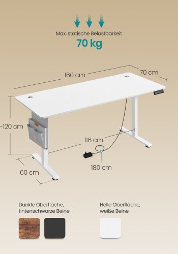 SONGMICS LSD138W01 H�jdejusterbart elektrisk skrivebord 180 x 80 cm Fuldt justerbart hukommelsesfunktion med 4 h�jder Cloud White