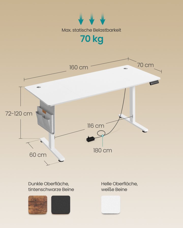 SONGMICS LSD138W01 H�jdejusterbart elektrisk skrivebord 180 x 80 cm Fuldt justerbart hukommelsesfunktion med 4 h�jder Cloud White
