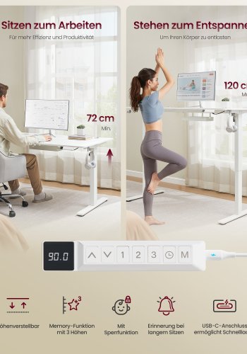 VASAGLE H�jdejusterbart skrivebord, 160 x 80 cm, USB-C-port, str�mskinnehylde, st�bord, p�mindelse om lang siddeplads, 3 hukommelsesknapper, til kontoret, mat hvid LSD146WZ02