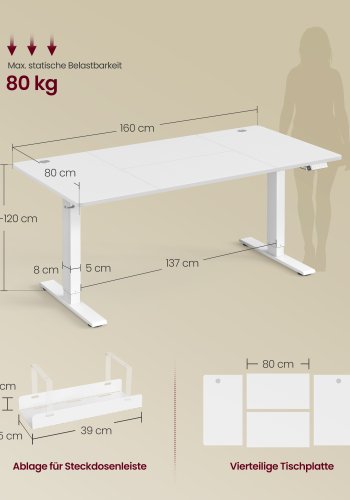 VASAGLE H�jdejusterbart skrivebord, 160 x 80 cm, USB-C-port, str�mskinnehylde, st�bord, p�mindelse om lang siddeplads, 3 hukommelsesknapper, til kontoret, mat hvid LSD146WZ02
