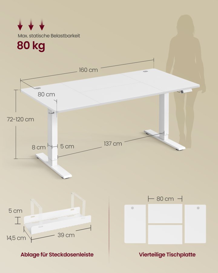 VASAGLE H�jdejusterbart skrivebord, 160 x 80 cm, USB-C-port, str�mskinnehylde, st�bord, p�mindelse om lang siddeplads, 3 hukommelsesknapper, til kontoret, mat hvid LSD146WZ02