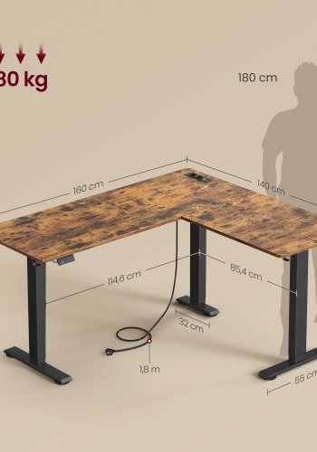 VASAGLE LSD264K01 Elektrisk h�jdejusterbart L-formet hj�rnebord 140 x 160 cm med str�mskinne 2 h�jder hukommelsesfunktion til fjernarbejde, rustik brun og bl�ksort
