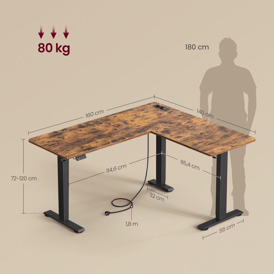 VASAGLE LSD264K01 Elektrisk h�jdejusterbart L-formet hj�rnebord 140 x 160 cm med str�mskinne 2 h�jder hukommelsesfunktion til fjernarbejde, rustik brun og bl�ksort
