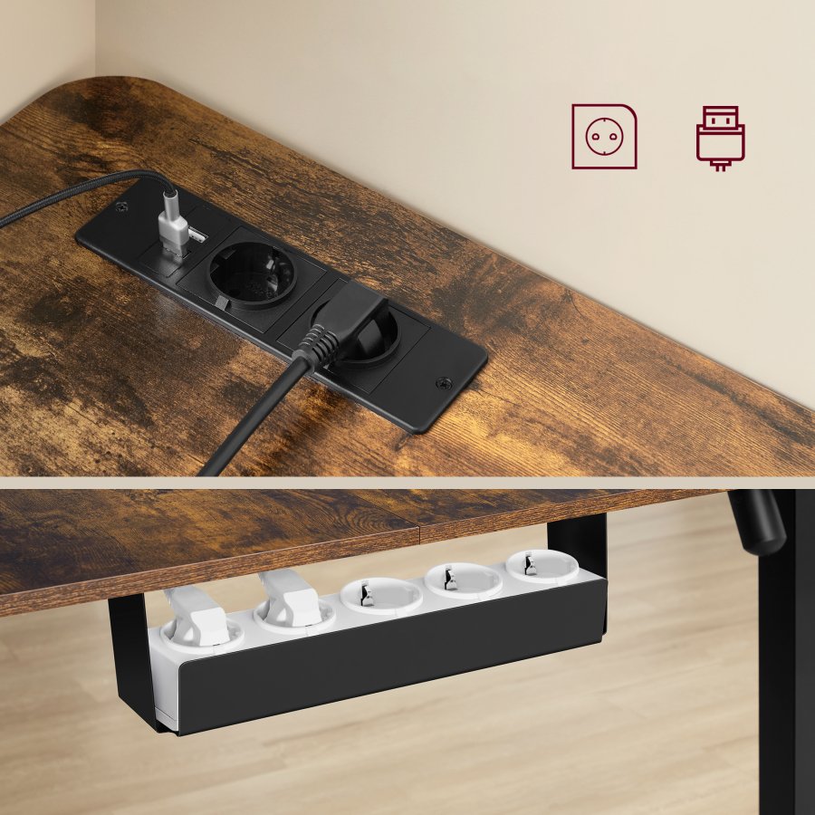 VASAGLE LSD264K01 Elektrisk h�jdejusterbart L-formet hj�rnebord 140 x 160 cm med str�mskinne 2 h�jder hukommelsesfunktion til fjernarbejde, rustik brun og bl�ksort