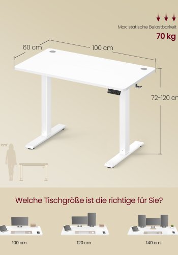VASAGLE LSD310WZ03 H�jdejusterbart skrivebord St�ende skrivebord Computerbord Memory 4 H�jdejusterbart kontorbord 100 x 60 cm Cloud White
