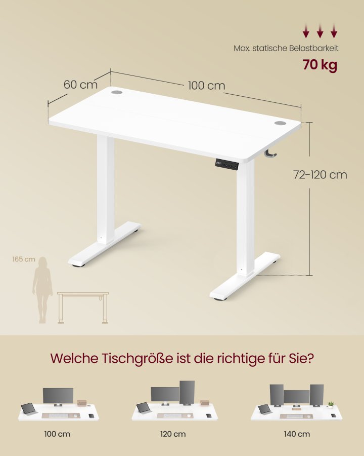 VASAGLE LSD310WZ03 H�jdejusterbart skrivebord St�ende skrivebord Computerbord Memory 4 H�jdejusterbart kontorbord 100 x 60 cm Cloud White