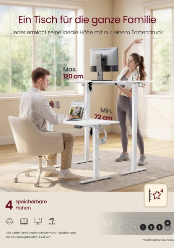 VASAGLE LSD312WZ03 H�jdjusterbart skrivbord St�ende skrivbord Datorbord Minne Minnesfunktion 4 h�jder Kontorsskrivbord 120 x 60 cm Cloud White
