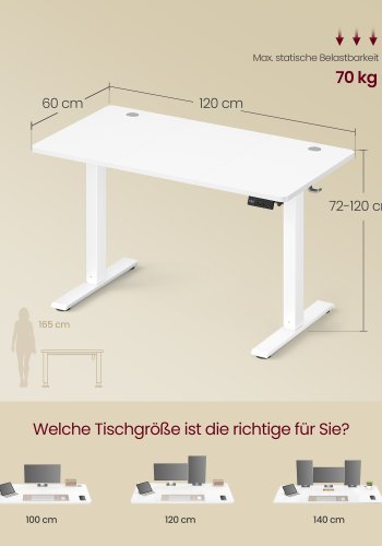 VASAGLE LSD312WZ03 H�jdejusterbart skrivebord St�ende skrivebord Computerbord Hukommelse Hukommelsesfunktion 4 h�jder Kontorbord 120 x 60 cm Cloud White
