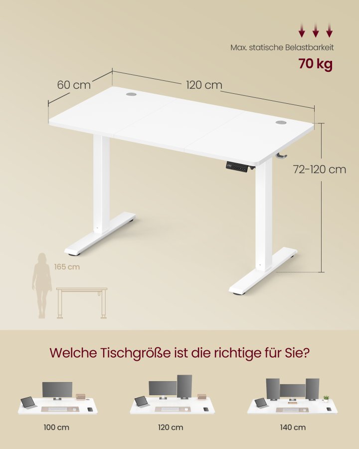 VASAGLE LSD312WZ03 H�jdejusterbart skrivebord St�ende skrivebord Computerbord Hukommelse Hukommelsesfunktion 4 h�jder Kontorbord 120 x 60 cm Cloud White