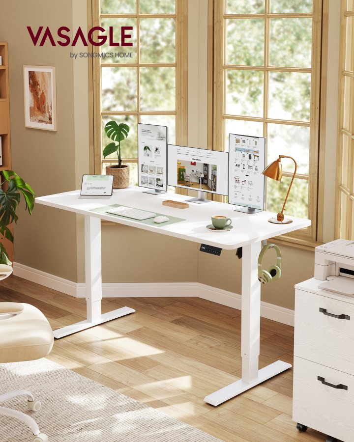 VASAGLE Elektrisk h�jdejusterbart skrivebord, computerbord, stillesiddende p�mindelse, hukommelsesfunktion med 4 h�jdeindstillinger, til kontor, 140 x 60 cm, Cloud White LSD314WZ03