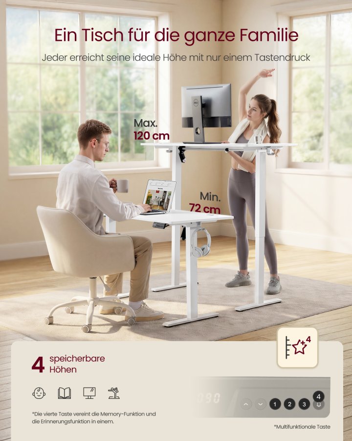 VASAGLE Elektrisk h�jdejusterbart skrivebord, computerbord, stillesiddende p�mindelse, hukommelsesfunktion med 4 h�jdeindstillinger, til kontor, 140 x 60 cm, Cloud White LSD314WZ03