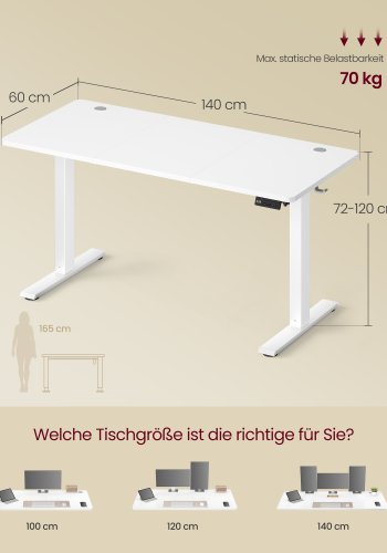 VASAGLE Elektrisk h�jdejusterbart skrivebord, computerbord, stillesiddende p�mindelse, hukommelsesfunktion med 4 h�jdeindstillinger, til kontor, 140 x 60 cm, Cloud White LSD314WZ03