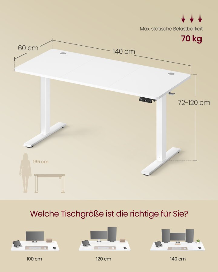 VASAGLE Elektrisk h�jdejusterbart skrivebord, computerbord, stillesiddende p�mindelse, hukommelsesfunktion med 4 h�jdeindstillinger, til kontor, 140 x 60 cm, Cloud White LSD314WZ03