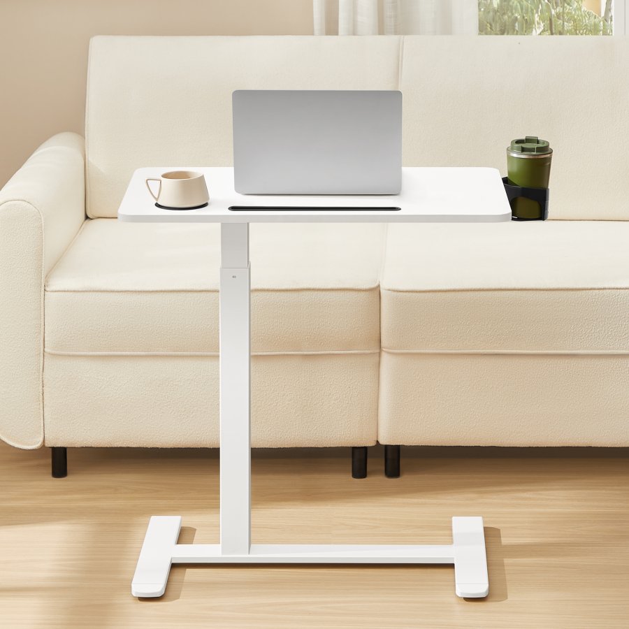 VASAGLE Oversengsbord med hjul, mobilt st�ende computerbord, 70 x 40 cm bordplade, justerbar h�jde, 2 kopholdere, telefon- og tabletplads, Cloud White ULSD600W01