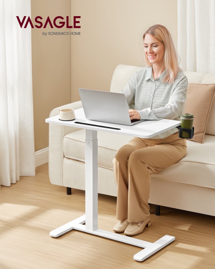 VASAGLE Oversengsbord med hjul, mobilt st�ende computerbord, 70 x 40 cm bordplade, justerbar h�jde, 2 kopholdere, telefon- og tabletplads, Cloud White ULSD600W01