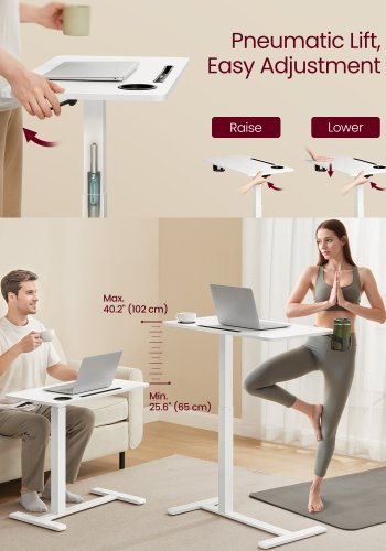 VASAGLE Oversengsbord med hjul, mobilt st�ende computerbord, 70 x 40 cm bordplade, justerbar h�jde, 2 kopholdere, telefon- og tabletplads, Cloud White ULSD600W01