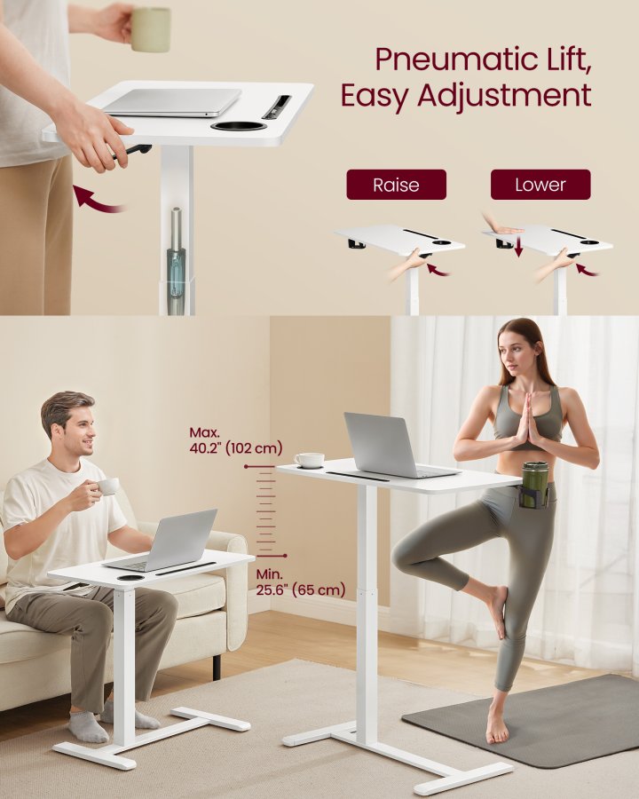 VASAGLE Oversengsbord med hjul, mobilt st�ende computerbord, 70 x 40 cm bordplade, justerbar h�jde, 2 kopholdere, telefon- og tabletplads, Cloud White ULSD600W01