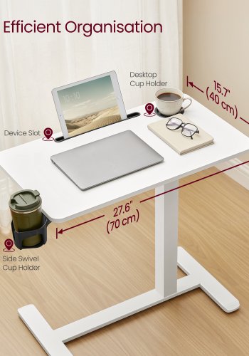 VASAGLE Oversengsbord med hjul, mobilt st�ende computerbord, 70 x 40 cm bordplade, justerbar h�jde, 2 kopholdere, telefon- og tabletplads, Cloud White ULSD600W01