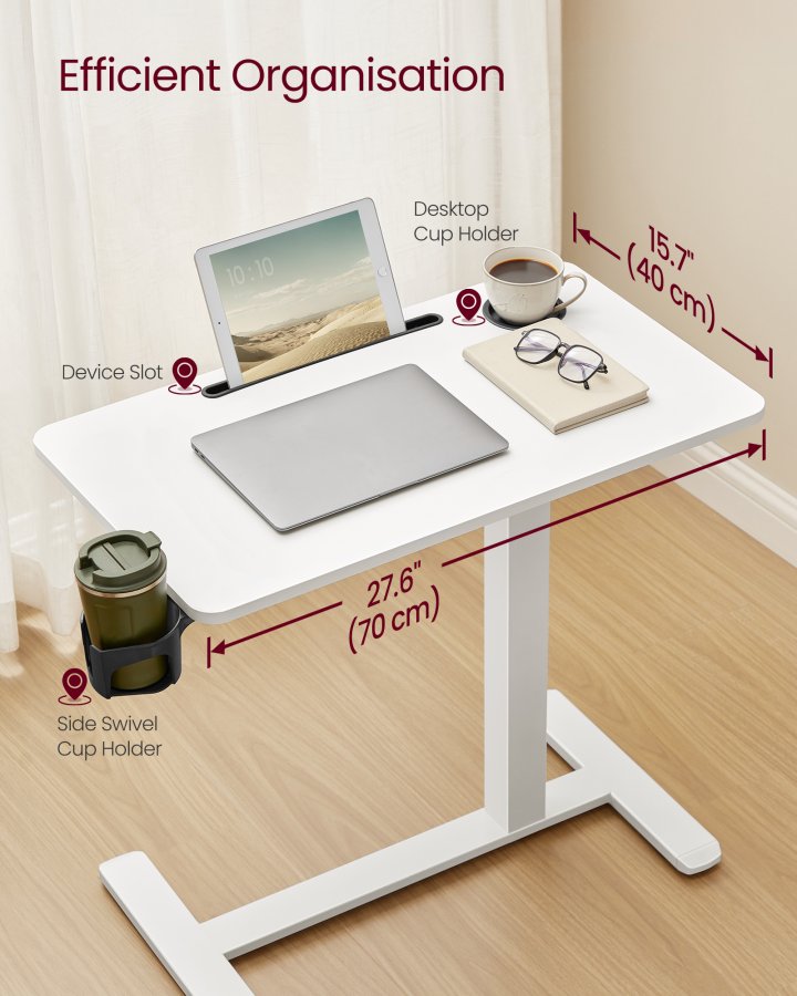 VASAGLE Oversengsbord med hjul, mobilt st�ende computerbord, 70 x 40 cm bordplade, justerbar h�jde, 2 kopholdere, telefon- og tabletplads, Cloud White ULSD600W01