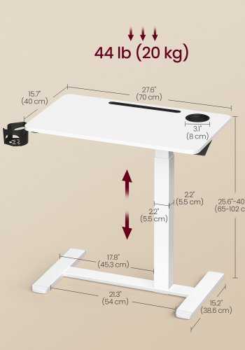 VASAGLE Oversengsbord med hjul, mobilt st�ende computerbord, 70 x 40 cm bordplade, justerbar h�jde, 2 kopholdere, telefon- og tabletplads, Cloud White ULSD600W01