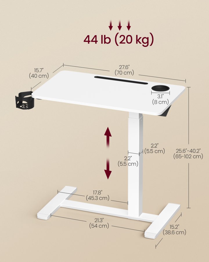 VASAGLE Oversengsbord med hjul, mobilt st�ende computerbord, 70 x 40 cm bordplade, justerbar h�jde, 2 kopholdere, telefon- og tabletplads, Cloud White ULSD600W01