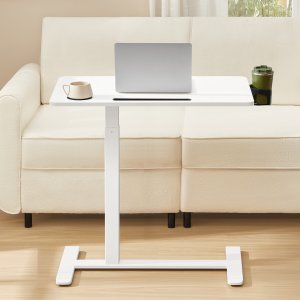 VASAGLE Oversengsbord med hjul, mobilt st�ende computerbord, 80 x 45 cm bordplade, justerbar h�jde, 2 kopholdere, telefon- og tabletplads, Cloud White ULSD601W01