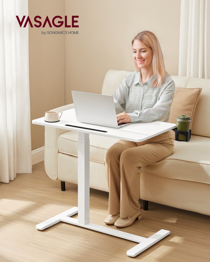 VASAGLE Oversengsbord med hjul, mobilt st�ende computerbord, 80 x 45 cm bordplade, justerbar h�jde, 2 kopholdere, telefon- og tabletplads, Cloud White ULSD601W01