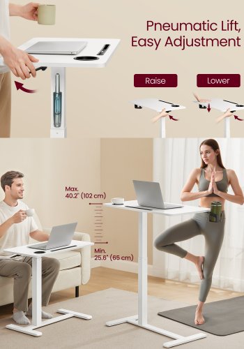 VASAGLE Oversengsbord med hjul, mobilt st�ende computerbord, 80 x 45 cm bordplade, justerbar h�jde, 2 kopholdere, telefon- og tabletplads, Cloud White ULSD601W01