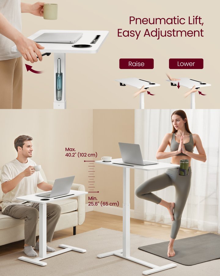 VASAGLE Oversengsbord med hjul, mobilt st�ende computerbord, 80 x 45 cm bordplade, justerbar h�jde, 2 kopholdere, telefon- og tabletplads, Cloud White ULSD601W01