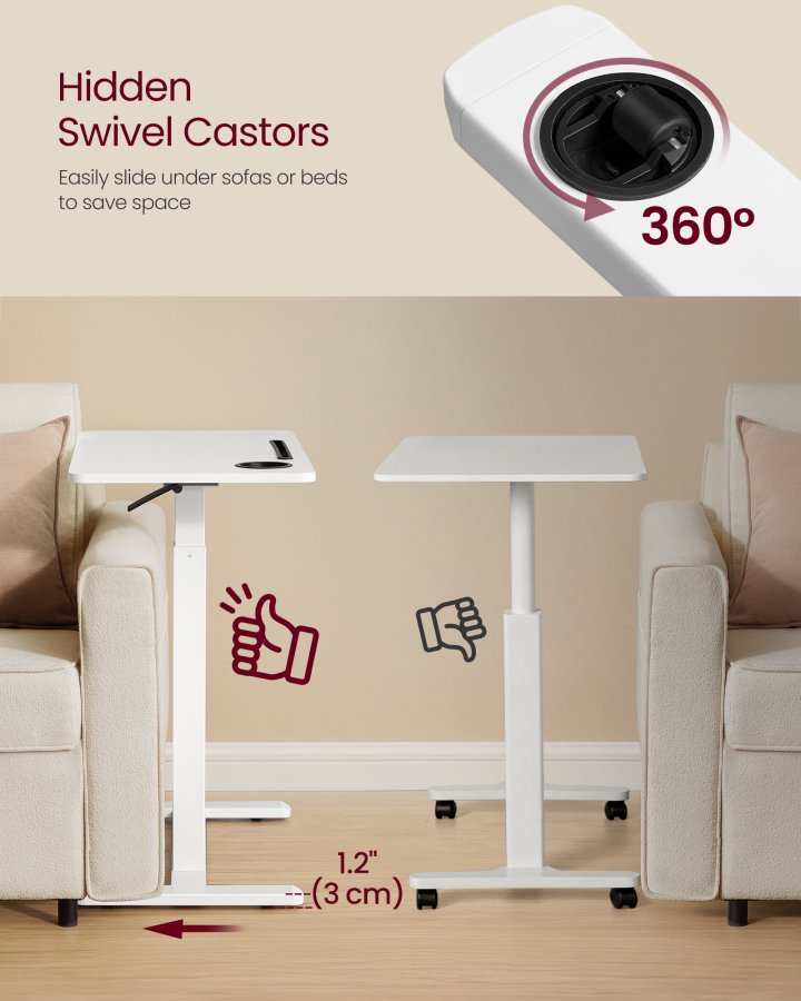 VASAGLE Oversengsbord med hjul, mobilt st�ende computerbord, 80 x 45 cm bordplade, justerbar h�jde, 2 kopholdere, telefon- og tabletplads, Cloud White ULSD601W01