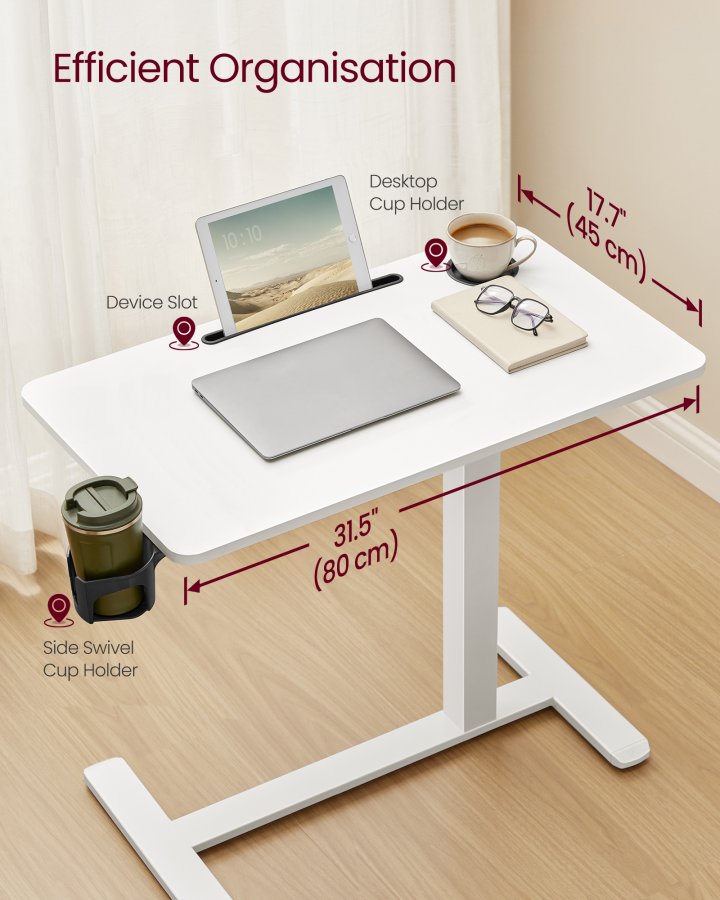 VASAGLE Oversengsbord med hjul, mobilt st�ende computerbord, 80 x 45 cm bordplade, justerbar h�jde, 2 kopholdere, telefon- og tabletplads, Cloud White ULSD601W01