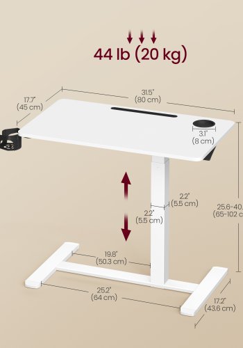 VASAGLE Oversengsbord med hjul, mobilt st�ende computerbord, 80 x 45 cm bordplade, justerbar h�jde, 2 kopholdere, telefon- og tabletplads, Cloud White ULSD601W01