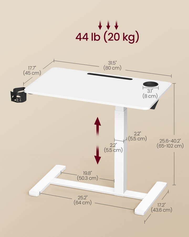VASAGLE Oversengsbord med hjul, mobilt st�ende computerbord, 80 x 45 cm bordplade, justerbar h�jde, 2 kopholdere, telefon- og tabletplads, Cloud White ULSD601W01