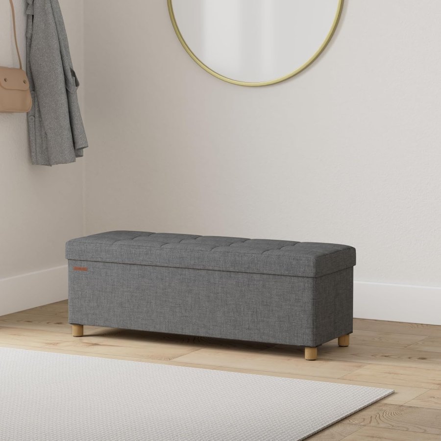 SONGMICS f&ouml;rvaringspall, hopf&auml;llbar puff, fotst&ouml;d, 38 x 110 x 40 cm, kubformad gavel med f&ouml;rvaring, lastkapacitet upp till 300 kg, f&ouml;r vardagsrum, sovrum, hall, skiffergr� LSF018G11