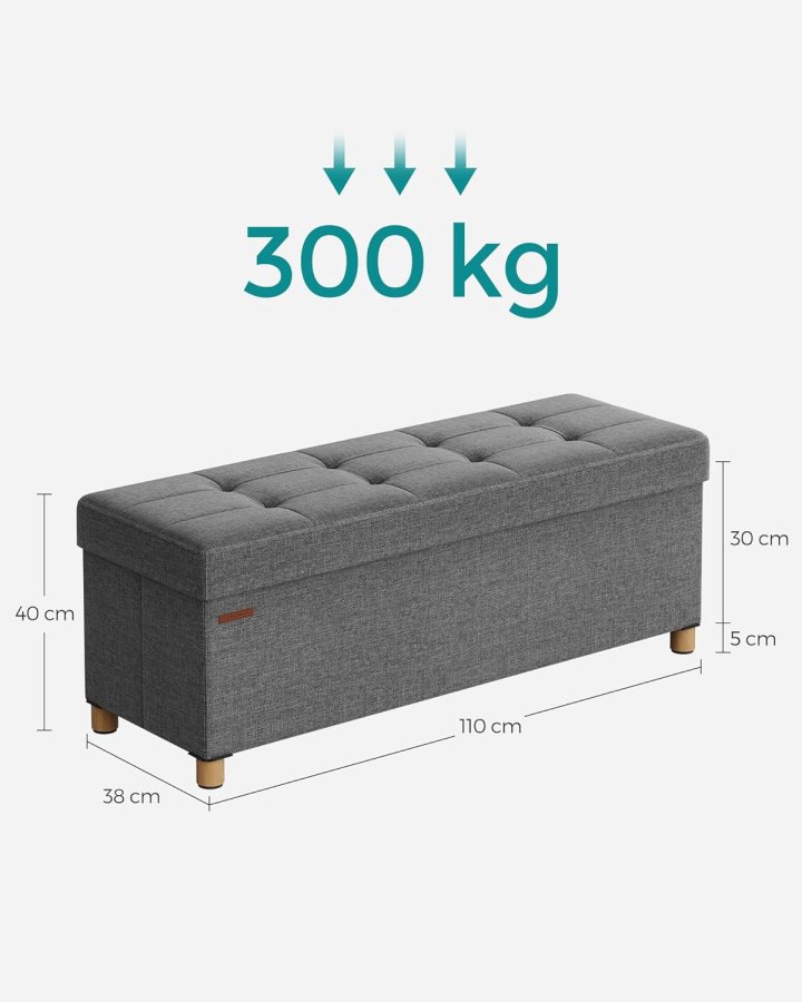 SONGMICS f&ouml;rvaringspall, hopf&auml;llbar puff, fotst&ouml;d, 38 x 110 x 40 cm, kubformad gavel med f&ouml;rvaring, lastkapacitet upp till 300 kg, f&ouml;r vardagsrum, sovrum, hall, skiffergr� LSF018G11