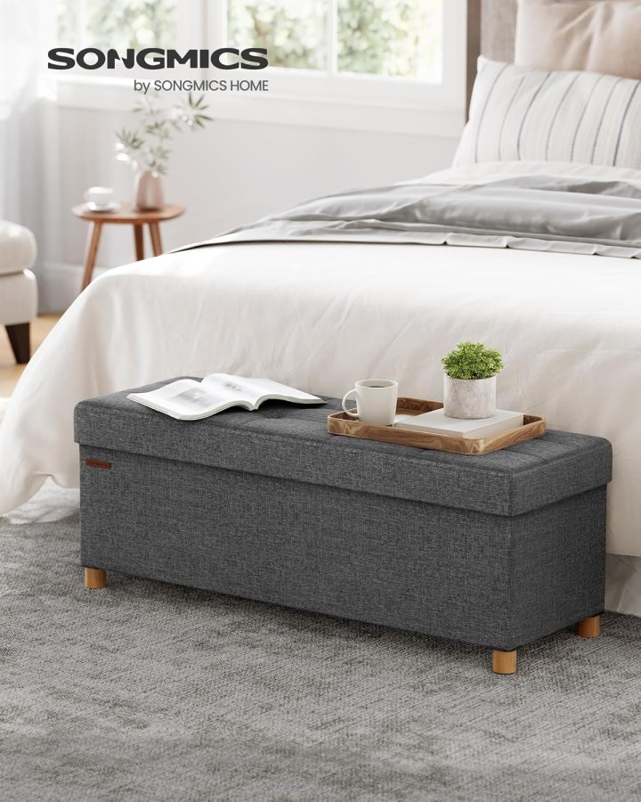 SONGMICS f&ouml;rvaringspall, hopf&auml;llbar puff, fotst&ouml;d, 38 x 110 x 40 cm, kubformad gavel med f&ouml;rvaring, lastkapacitet upp till 300 kg, f&ouml;r vardagsrum, sovrum, hall, skiffergr� LSF018G11