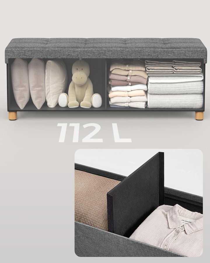 SONGMICS f&ouml;rvaringspall, hopf&auml;llbar puff, fotst&ouml;d, 38 x 110 x 40 cm, kubformad gavel med f&ouml;rvaring, lastkapacitet upp till 300 kg, f&ouml;r vardagsrum, sovrum, hall, skiffergr� LSF018G11