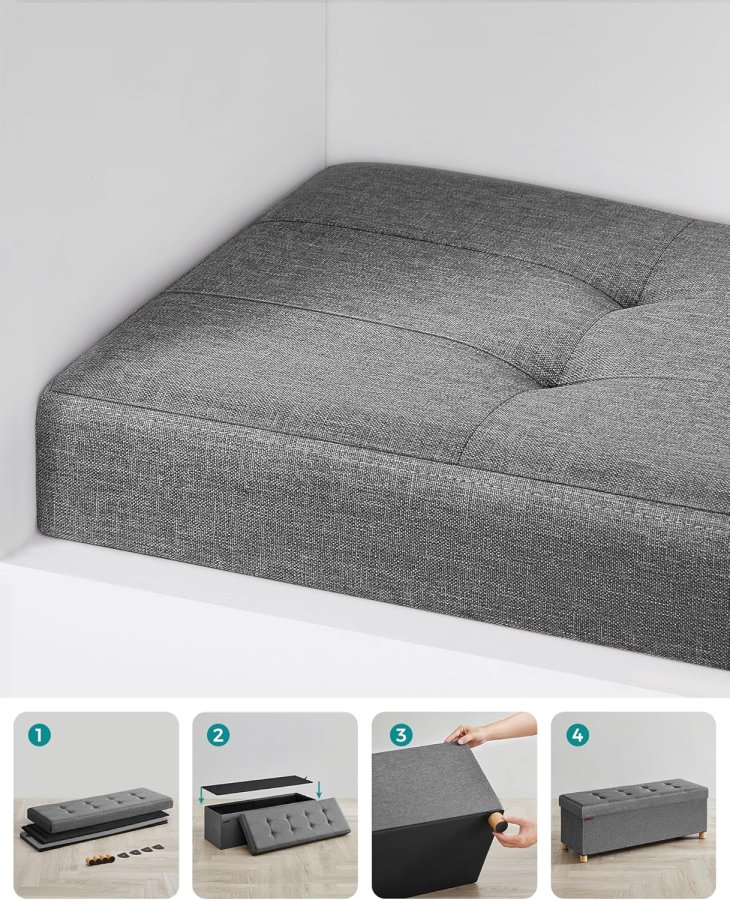SONGMICS f&ouml;rvaringspall, hopf&auml;llbar puff, fotst&ouml;d, 38 x 110 x 40 cm, kubformad gavel med f&ouml;rvaring, lastkapacitet upp till 300 kg, f&ouml;r vardagsrum, sovrum, hall, skiffergr� LSF018G11