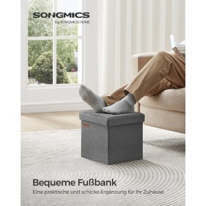 SONGMICS krakk med oppbevaringsplass, liten sammenleggbar benk, 30 x 30 cm fotskammel, oppbevaringsboks, maks belastning 130 kg, for stue, soverom, sovesal, m�rkegr� LSF028G01
