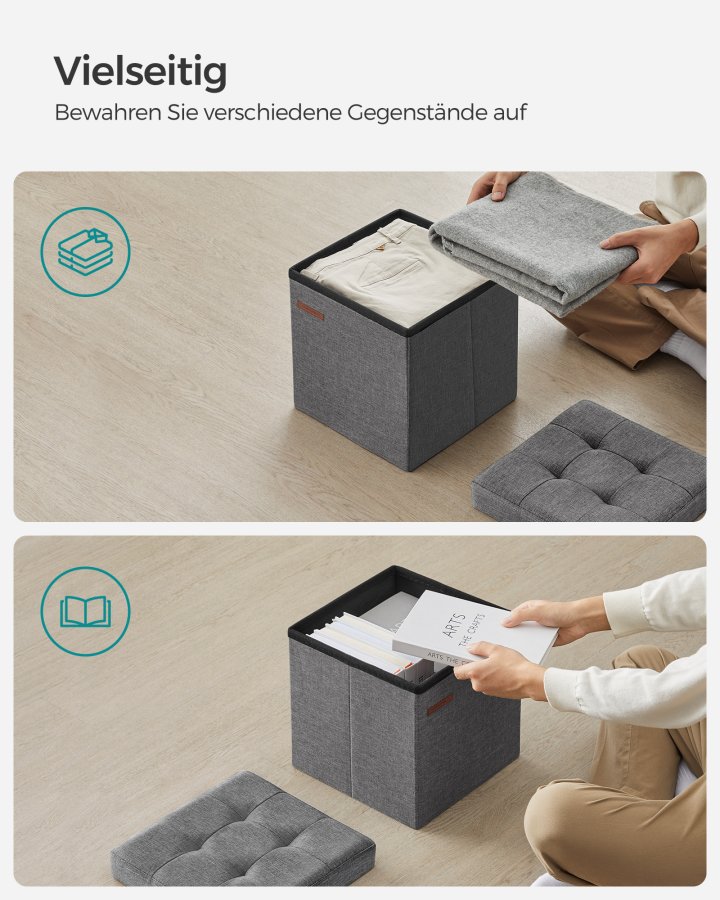SONGMICS pall med f&ouml;rvaringsutrymme, liten hopf&auml;llbar b&auml;nk, fotpall 30 x 30 cm, f&ouml;rvaringsl�da, maxbelastning 130 kg, f&ouml;r vardagsrum, sovrum, studentrum, m&ouml;rkgr� LSF028G01
