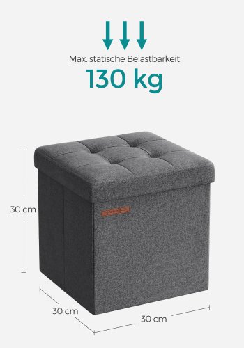 SONGMICS pall med f&ouml;rvaringsutrymme, liten hopf&auml;llbar b&auml;nk, fotpall 30 x 30 cm, f&ouml;rvaringsl�da, maxbelastning 130 kg, f&ouml;r vardagsrum, sovrum, studentrum, m&ouml;rkgr� LSF028G01