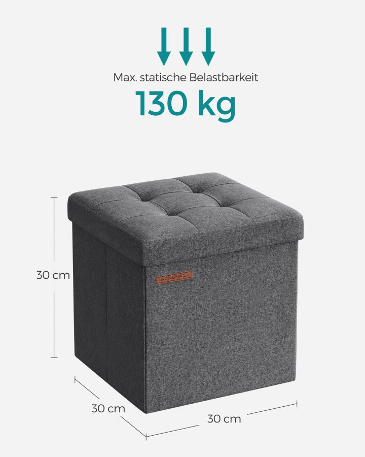 SONGMICS pall med f&ouml;rvaringsutrymme, liten hopf&auml;llbar b&auml;nk, fotpall 30 x 30 cm, f&ouml;rvaringsl�da, maxbelastning 130 kg, f&ouml;r vardagsrum, sovrum, studentrum, m&ouml;rkgr� LSF028G01