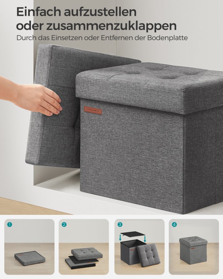 SONGMICS pall med f&ouml;rvaringsutrymme, liten hopf&auml;llbar b&auml;nk, fotpall 30 x 30 cm, f&ouml;rvaringsl�da, maxbelastning 130 kg, f&ouml;r vardagsrum, sovrum, studentrum, m&ouml;rkgr� LSF028G01