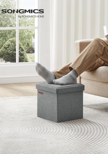 SONGMICS 30 cm benk med oppbevaringsplass, sammenleggbart sete, oppbevaringsboks, fotskammel, lys gr� LSF028G02